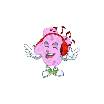 Cartoon mascot design tetracoccus enjoying music with headset