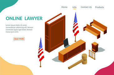 Low poly online lawyer tribunal isometric of the justice jury characters vector illustration banner.