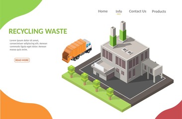 Isometric low poly recycling waste processing vector illustration banner.