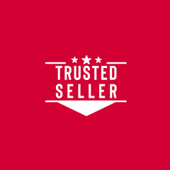 Vector illustration logo with trusted seller text, stars and ribbon isolated on red background can be used as sign that your shopping website or marketplace is trustworthy