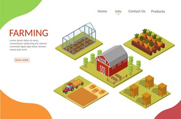 Isometric low poly farming elements vector banner.
