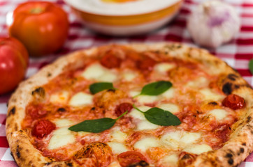 Great background for culinary themes, handmade pizza with daisy flavor on checkered Italian style towel background with different ingredients