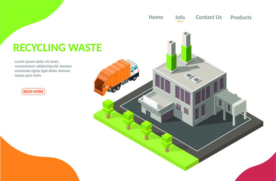 Isometric low poly recycling waste processing vector illustration banner.