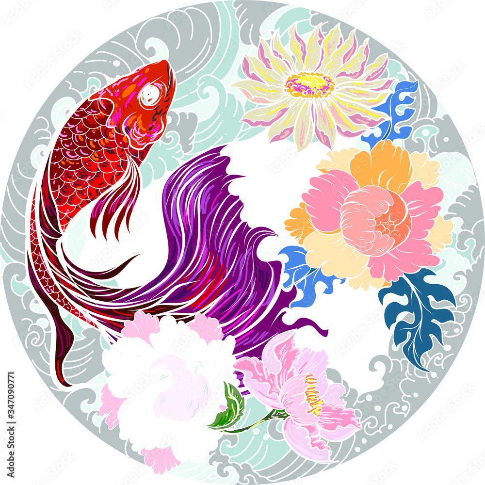 Wall mural colorful siamese fighting fish or betta fish swimming in japanese wave with peony and daisy flowers 