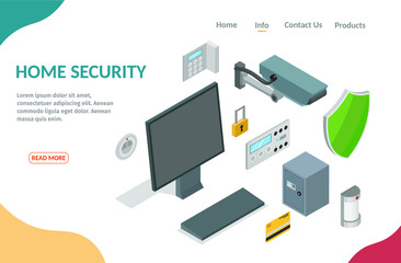 Isometric home security infographic concept of technology system alarm vector banner.