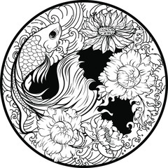 Colorful Siamese fighting fish or betta fish swimming in Japanese wave with peony and daisy flowers for hand drawn tattoo art design in  geometric and circular ornament frame