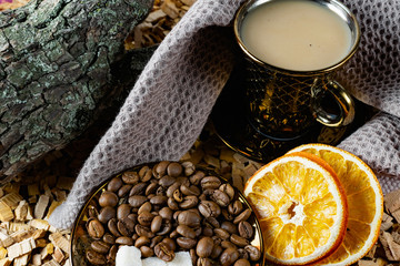 Aromatic dark coffee, with milk with bubbles on the surface in a dark gold Cup on a saucer, next to whole grains, peeled and dried oranges. Background of alder chips and wood snags in the background