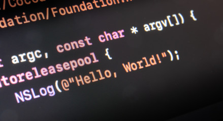 hello world application written in objective C on a computer screen