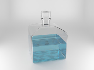 Blue liquid in a glass bottle. Isolated on white. 3D render.