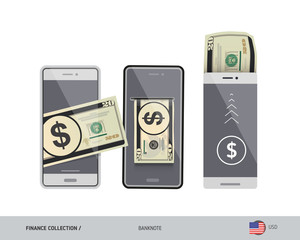 Mobile wallet, online money transfer with 20 US Dollar banknote. Flat style vector illustration.