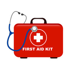 First aid box with stethoscope, isolated on white background