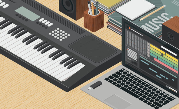 Professional musician desktop with keyboard,3D illustration