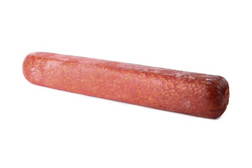 Delicious smoked sausage isolated on white. Fresh meat product