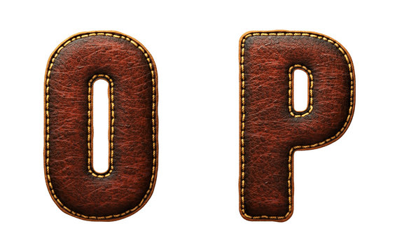 Set of leather letters O, P uppercase. 3D render font with skin texture isolated on white background.