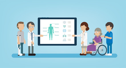 Health check concept with doctor and digital tablet display flat design vector illustration