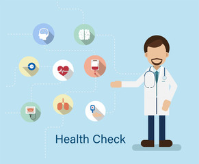 Fototapeta na wymiar Health check concept with doctor and icons flat design vector illustration