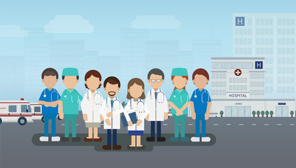 Medical service concept with medical staffs and hospital building vector illustration