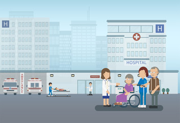 Medical service concept with doctor and patients at hospital flat design vector illustration