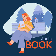 Illustration concept of cartoon vector of women listening audio book with headphones. 