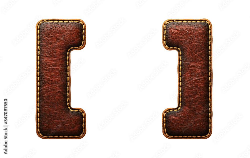 Fototapete set of symbols left and right bracket made of leather. 3d render font with skin texture isolated on 