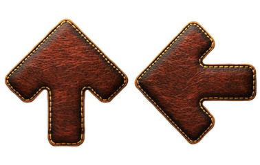 Set of symbols up arrow and right arrow made of leather. 3D render font with skin texture isolated on white background.