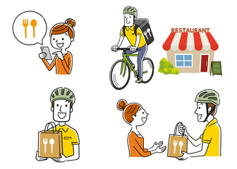 Stock illustration: food delivery, deliveryman, bicycle, set, collection - obrazy, fototapety, plakaty