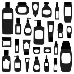 Big collection templates of empty and clean grey plastic containers: bottles with spray, cream jar, tube. Flat design of cosmetic package. Hand drawn Vector Illustration.