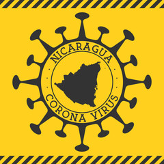 Coronavirus in Nicaragua sign. Round badge with shape of virus and Nicaragua map. Yellow country epidemic lockdown stamp. Vector illustration.