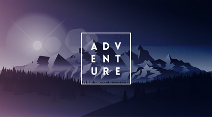 Adventure. Minimalistic white typographic logo in thin frame on darkened mountains landscape background. Mountains banner design. Vector illustration