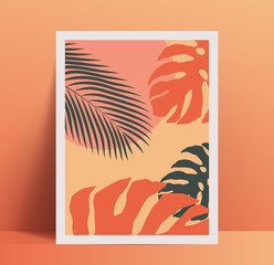 Fototapeta na wymiar Summer vibes minimalistic poster placard design template with exotic tropical palm leaves and geometric shapes in trendy pastel color palette. Vector illustration