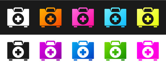 Set First aid kit icon isolated on black and white background. Medical box with cross. Medical equipment for emergency. Healthcare concept.  Vector Illustration