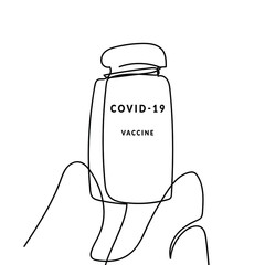 Coronavirus vaccine. Covid-19. Vaccination. Jar with a vaccine in the hands. Health, medical. Vector abstract one continuous line illustration