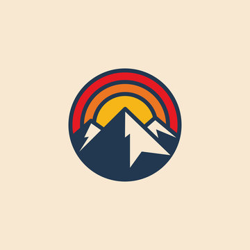Minimalistic circular mountain logo icon design template with mountain peak and sunset. Vintage styled vector illustration.