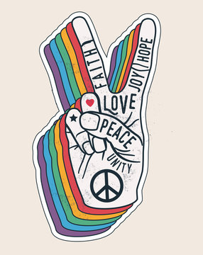 Peace hand gesture sign with words on it. Peace love sticker concept for posters or t-shirt design. Vintage styled vector illustration