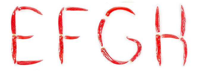 Alphabet made of red hot chili peppers. Letters E, F, G, H. Isolated on a white background