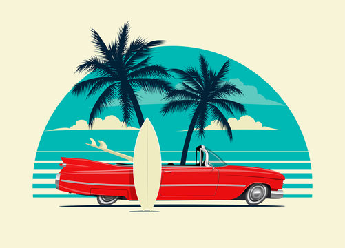 Red retro roadster car with surfing boards on the beach with palm silhouettes on background. Summer time themed vector illustration for poster or card or t-shirt or sticker design.