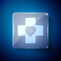 White Heart with a cross icon isolated on blue background. First aid. Healthcare, medical and pharmacy sign. Square glass panels. Vector Illustration