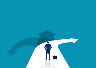 Obraz premium businessman standing in front of a crossroad with road split in three different ways as arrows.