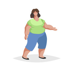Plus size chubby woman wearing jeans and green blouse. Flat trendy design style. Love your body icon. Social network image. Vector illustration.