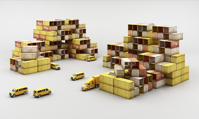 world wide cargo container transport concept in yellow tone colour with truck and van 3d rendering