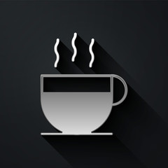 Silver Coffee cup icon isolated on black background. Tea cup. Hot drink coffee. Long shadow style. Vector Illustration
