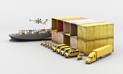 world wide cargo container transport concept in yellow tone colour with truck and van 3d rendering