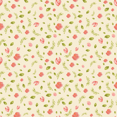 Hand drawn seamless pattern in blush pink and green on the neutral background. Romantic pattern in limited color scheme, great for any printing design. 