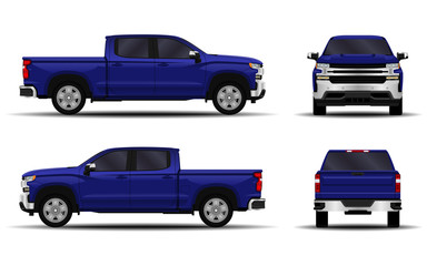 Fototapeta premium realistic car. truck, pickup. front view; side view; back view.