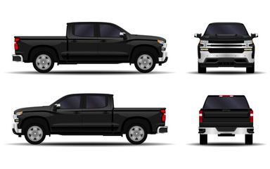 realistic car. truck, pickup. front view; side view; back view.