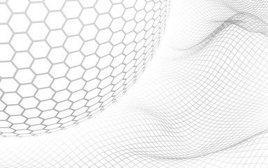 Abstract landscape on a white background with white honeycomb sphere. Cyberspace grid. hi tech network. 3d illustration