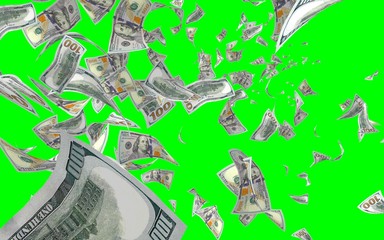 Flying dollars banknotes isolated on chromakey. Money is flying in the air. 100 US banknotes new sample. 3D illustration