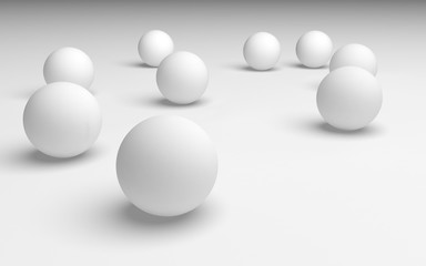 White abstract background. Set of white balls isolated on white backdrop. 3D illustration
