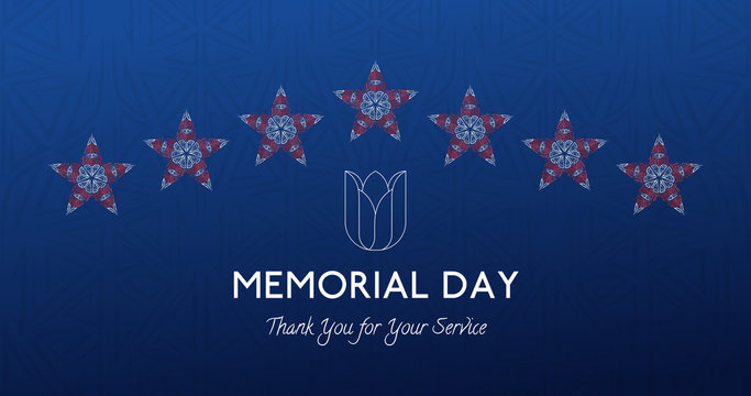 Memorial Day Card Vector illustration, USA flag and stars on textured blue background and tulip flower. Veterans day respect and honor