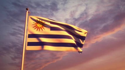 Uruguay flag flying at sunset and waving in the sky - video animation - Powered by Adobe